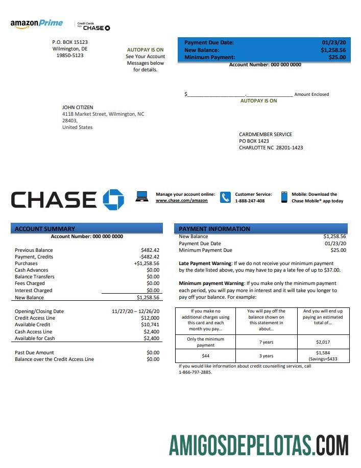 Modelo de extrato de cartão de crédito do USA Chase Bank em branco em formato .doc e .pdf